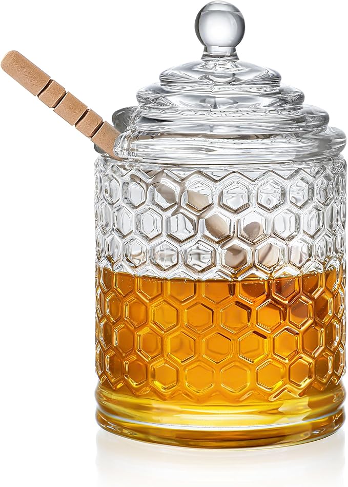 kanpura Clear Crystal Honey Pot with Dipper and Lid Glass Honey Jar with Dispenser Honey Holder and Syrup Container for Christmas Home Kitchen Decor,9 oz