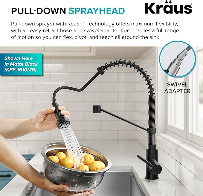 Kraus KPF-1610SSCH Bolden 18-Inch Commercial Kitchen Faucet with Dual Function Pull-Down Sprayhead in All-Brite Finish, Stainless Steel/Chrome