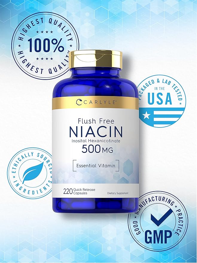Carlyle Niacin Flush Free 500mg | 220 Capsules | Non-GMO and Gluten Free Essential Vitamin