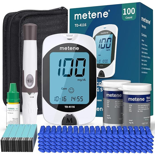 Metene TD-4116 Blood Glucose Monitor Kit, 100 Glucometer Strips, 100 Lancets, 1 Blood Sugar Monitor, Blood Sugar Test Kit ...
