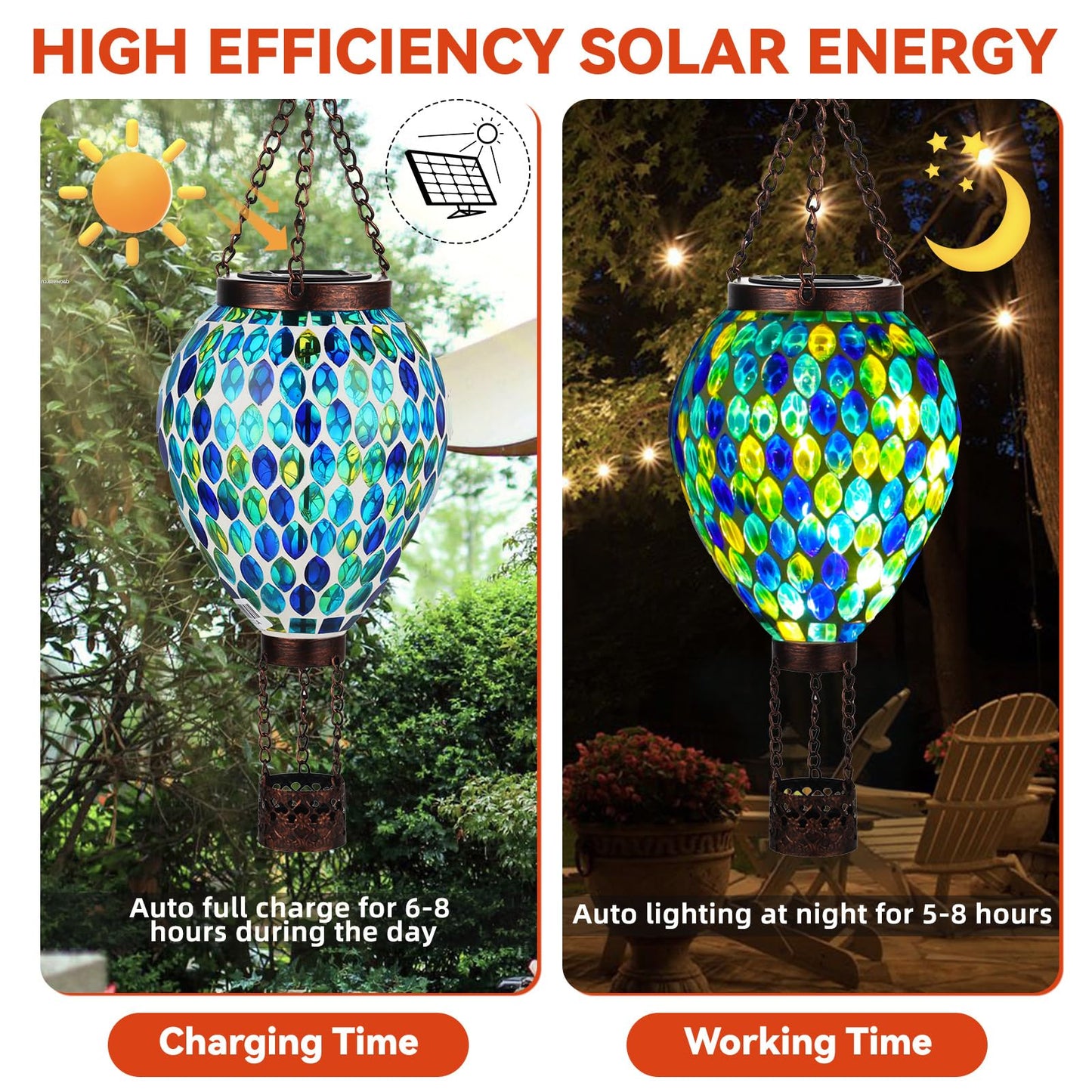 Voreen Hot Air Balloon Solar Lantern  Handmade Mosaic Solar Outdoor Hanging Wind Light  Waterproof  Patio Festive Decor  Gift For Mom Wife Friend  Blue