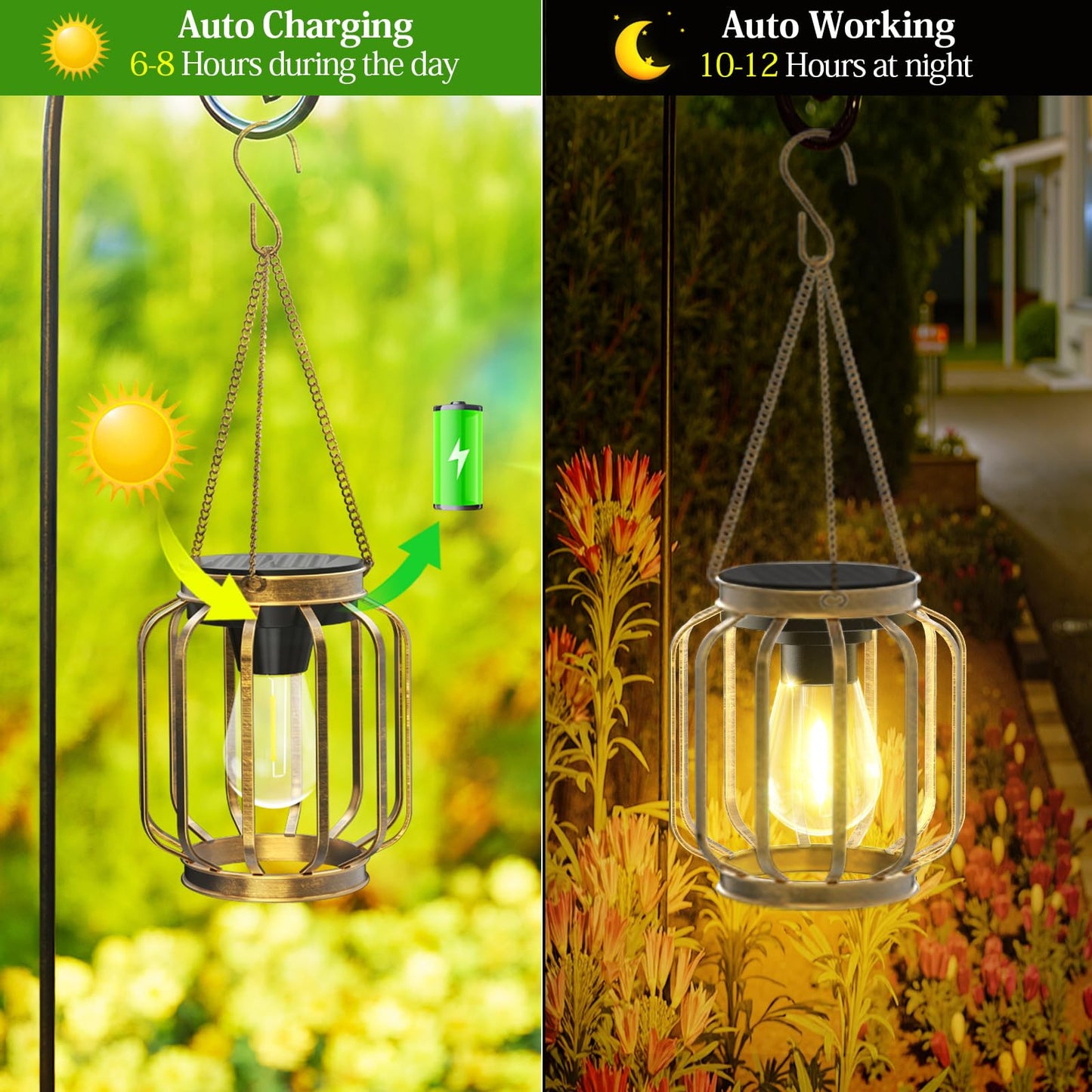 Bonlion Solar Lanterns  Upgraded Metal Outdoor Lights  Brighter Hanging Solar Lights For Outside Waterproof  Auto On/Off Warm White Lighting For Yard  Garden  Patio  Pathway Decor (Bronze  2 Pack)