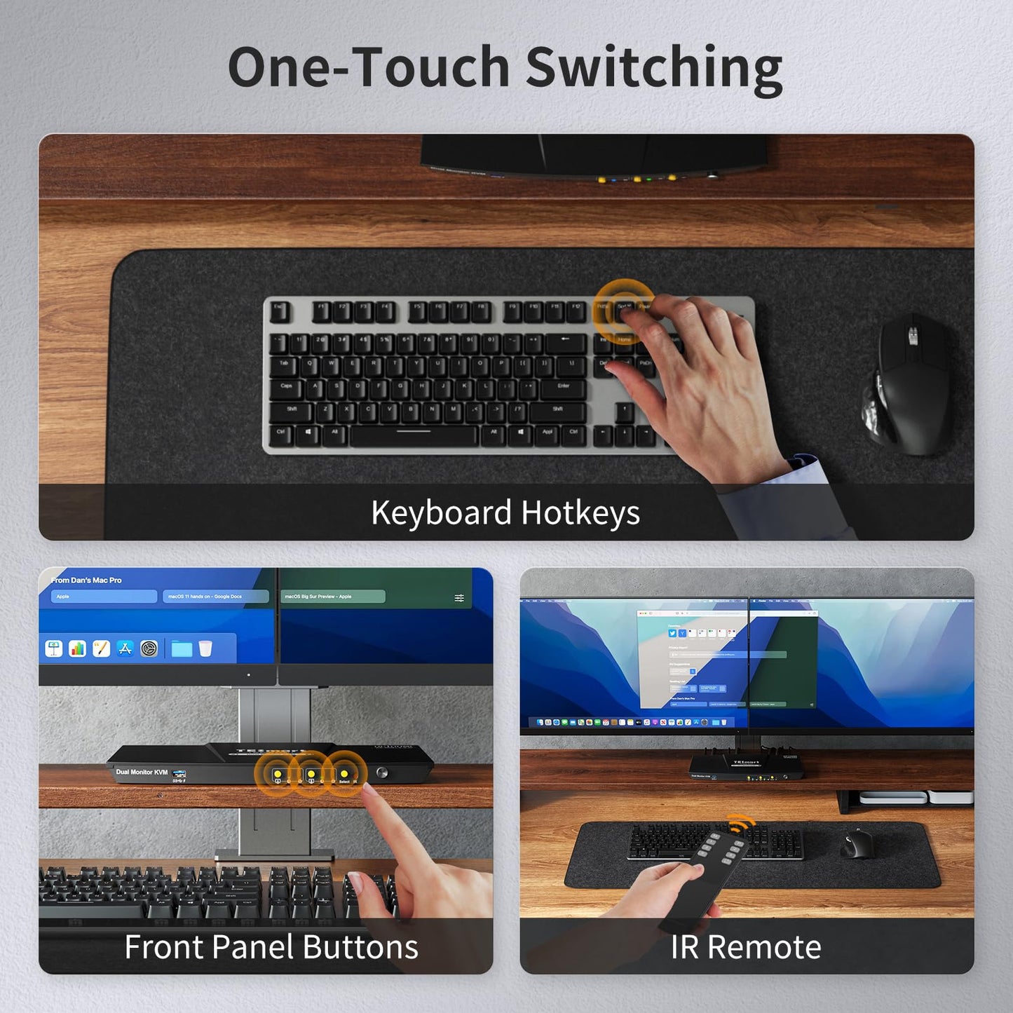 TESmart USB 3.0 DisplayPort + HDMI KVM Switch 2 Monitors 2 Computers 4K@60Hz, Dual Monitor KVM Switch 2 Port Extended Display, EDID Emulators, Headset, Hotkey Switch, Button Switch with All Cables