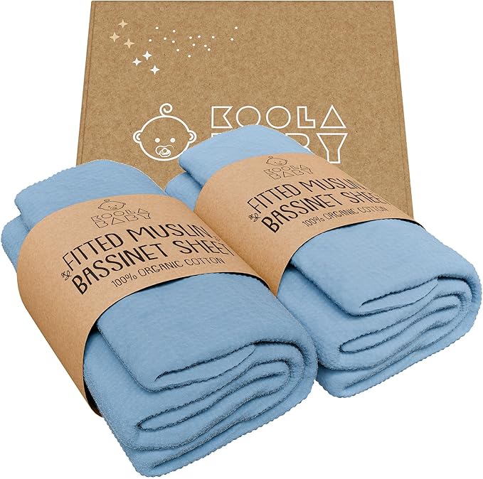 Bassinet Fitted Sheets - Compatible with Amke, Ronbei, Pamobabe, and Nordmiex | 100% Organic Muslin Cotton - Light Blue + Dark Blue | 32x19 (2 Pack)