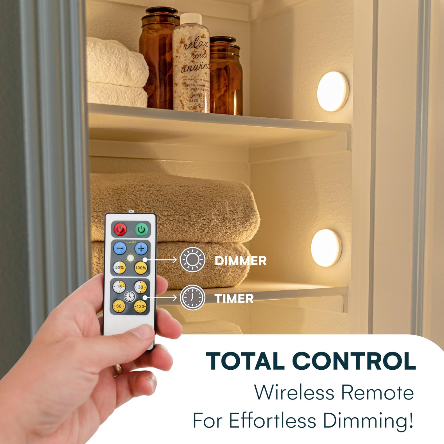 Brilliant Evolution Stick On Push Lights - 6 Pack Remote Controlled LED Lights Under Cabinets - DIY Stick On Lights for Closet, Counter, Kitchen - Battery Operated Puck Lighting with Remote
