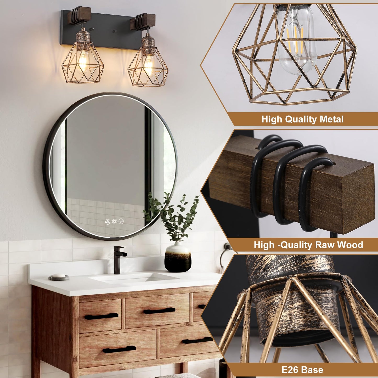 Farmhouse Bathroom Vanity Light Fixtures  2-Light Wood Bathroom Light Fixtures Over Mirror  Rustic Sconces Wall Lighting With Elegant Metal Lampshade For Living Room  Bedroom  Hallway