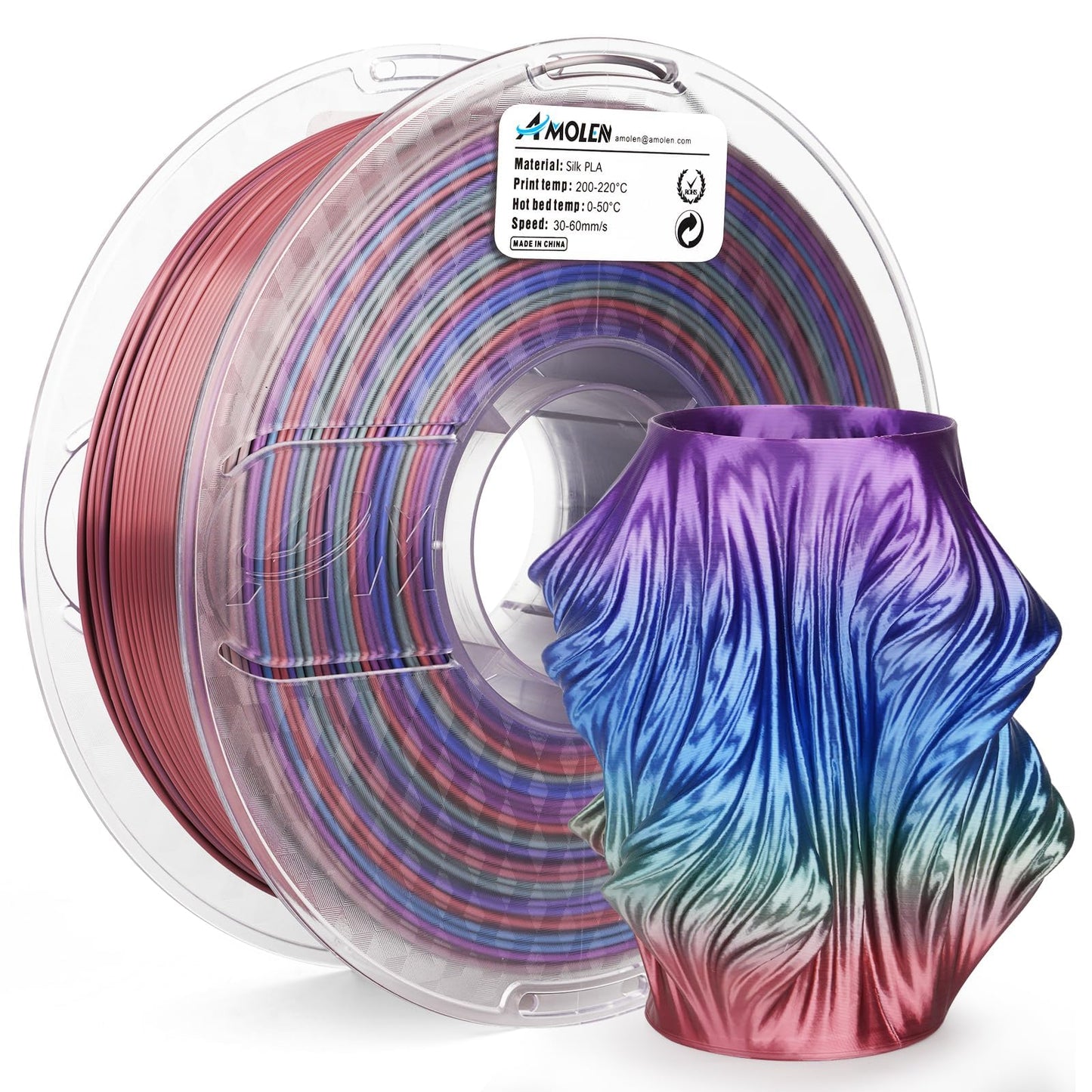 AMOLEN 3D Printer Filament, Silk PLA Filament 1.75mm, Shiny Cosmic Rainbow PLA, Gradient Colors Change Fast Printing PLA for Mos