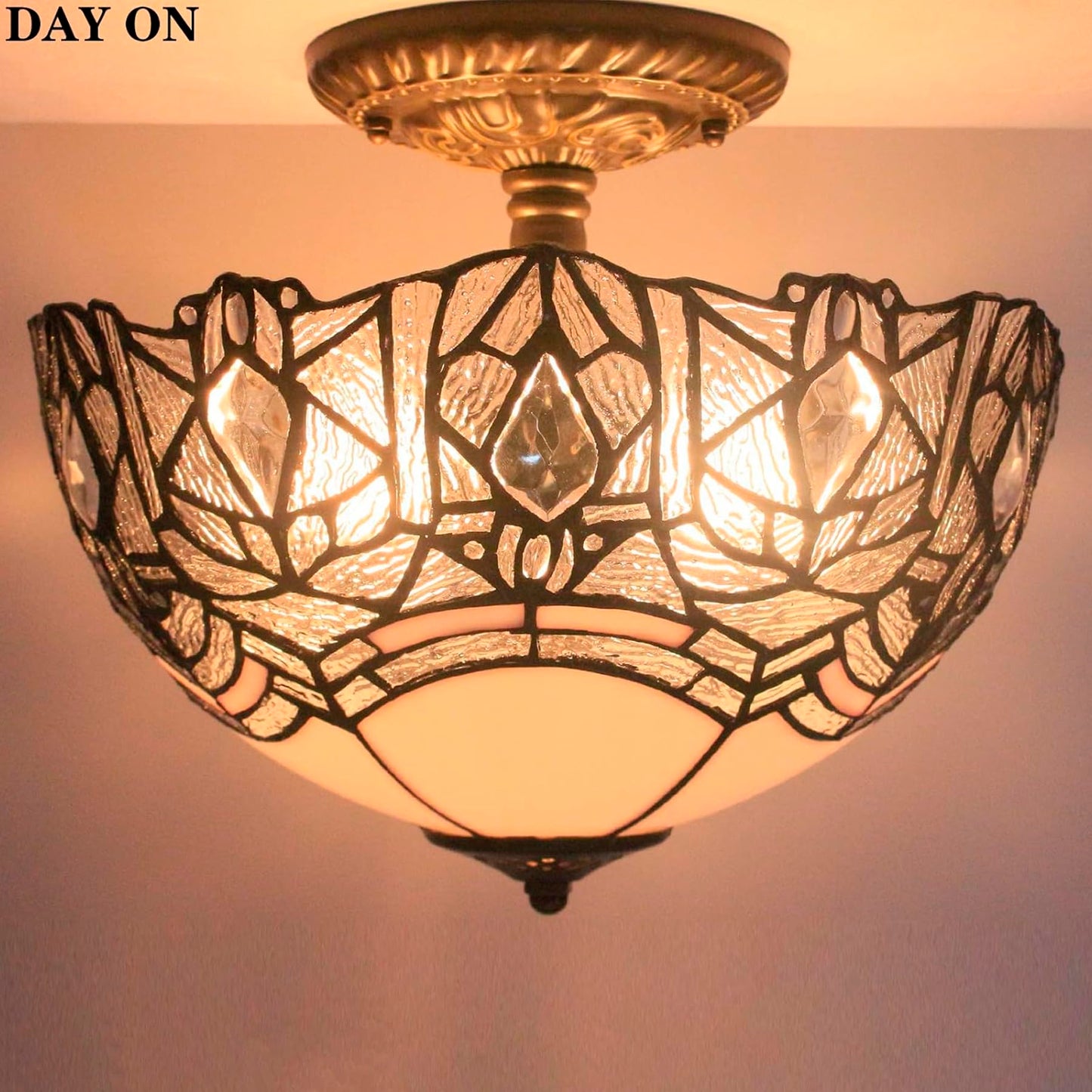 Werfactory Tiffany Ceiling Light Fixture, Crystal Bead, 12X11 Inch, White Stained Glass, Semi Flush Mount, S508W Series