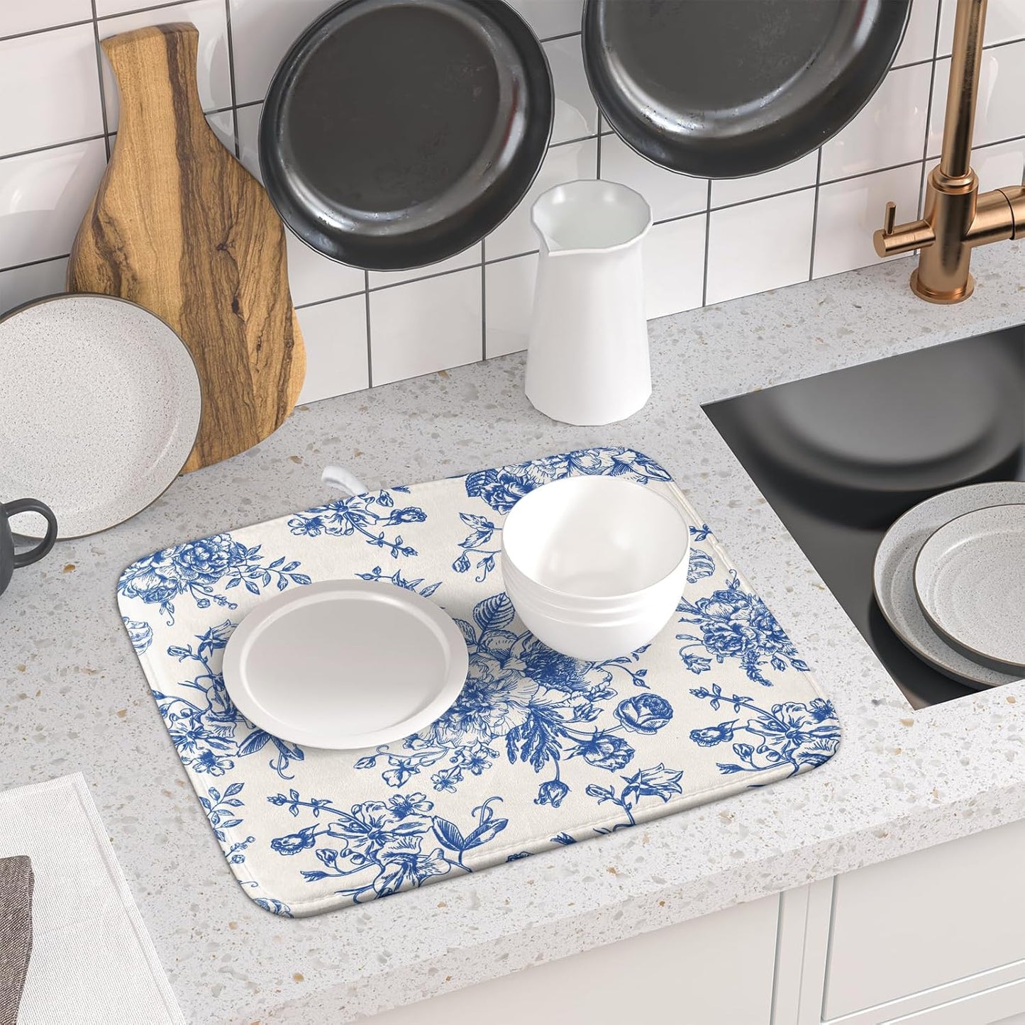 Vintage Blue Floral Dish Drying Mat for Kitchen Counter 16x18 Inch Chinoiserie Flowers Absorbent Reversible Microfiber Dish Pad Dish Drainer Rack Mats Countertops Protector Mat