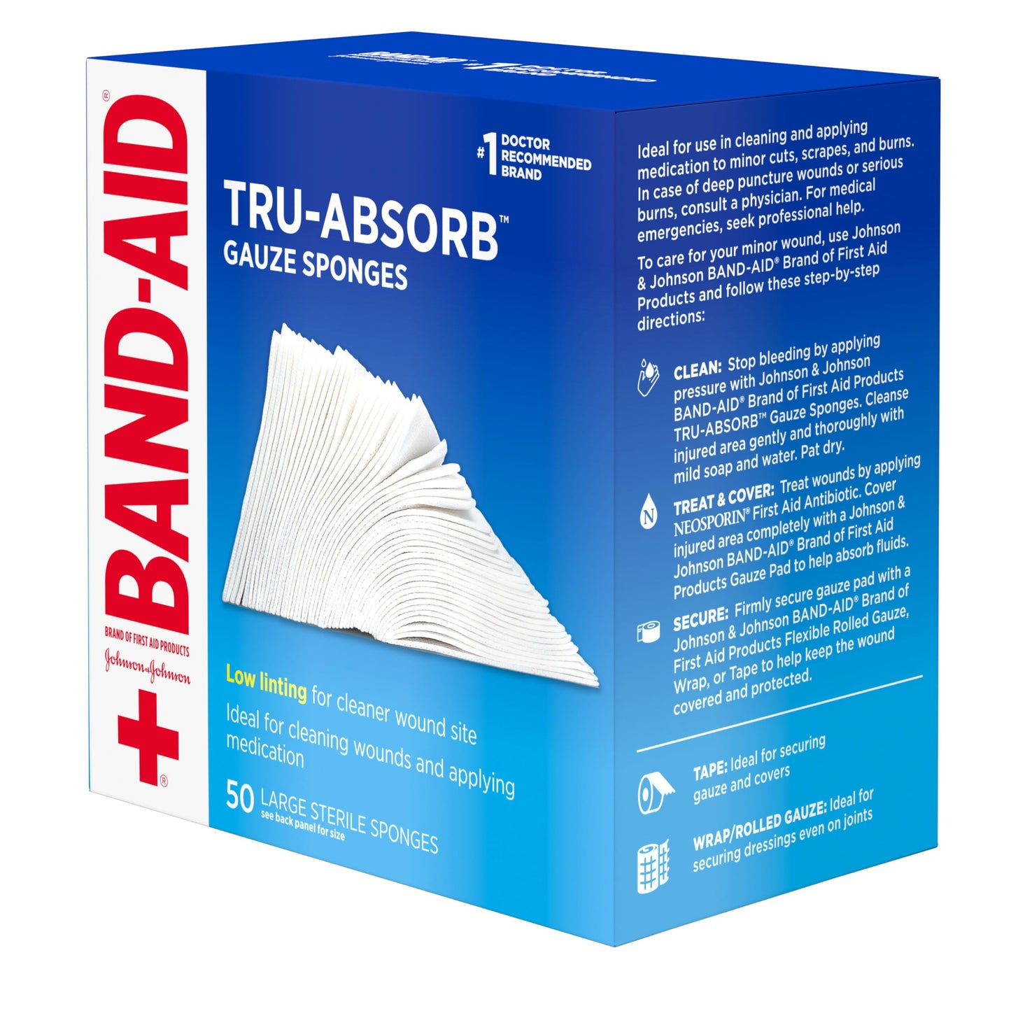 Band Aid Brand First Aid Products Tru-Absorb Sterile Gauze Sponges for Cleaning and Cushioning Minor Wounds, Cuts & Burns, Low-Lint Design, Individually Wrapped 4 in by 4 in Pads