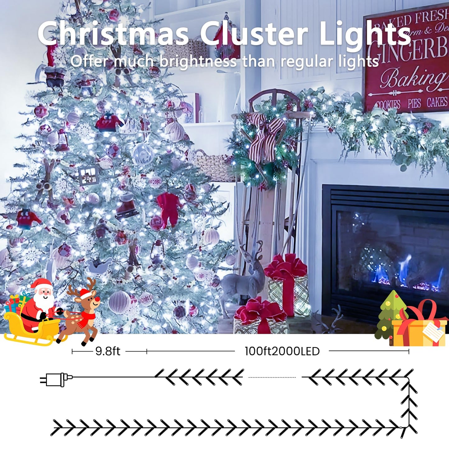 100Ft 2000 Led Cluster Christmas Lights  Christmas Tree Lights Outdoor Indoor With 8 Modes & Timer & Remote  Fire ers String Lights Waterproof For Garland Party Xmas Decorations  Cool White