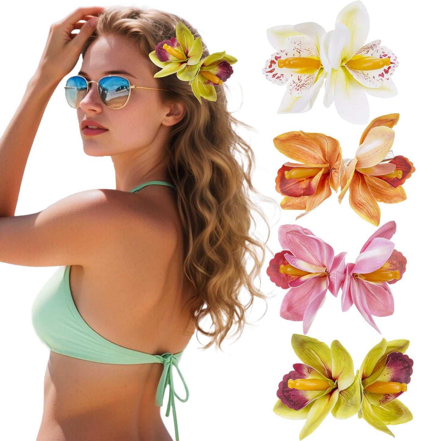Tropical Hawaiian Flower Hair Clips - 4 Pack Artificial Hawaii Orchid Hairpin Tropical Floral Hair Accessories for Women Girls S
