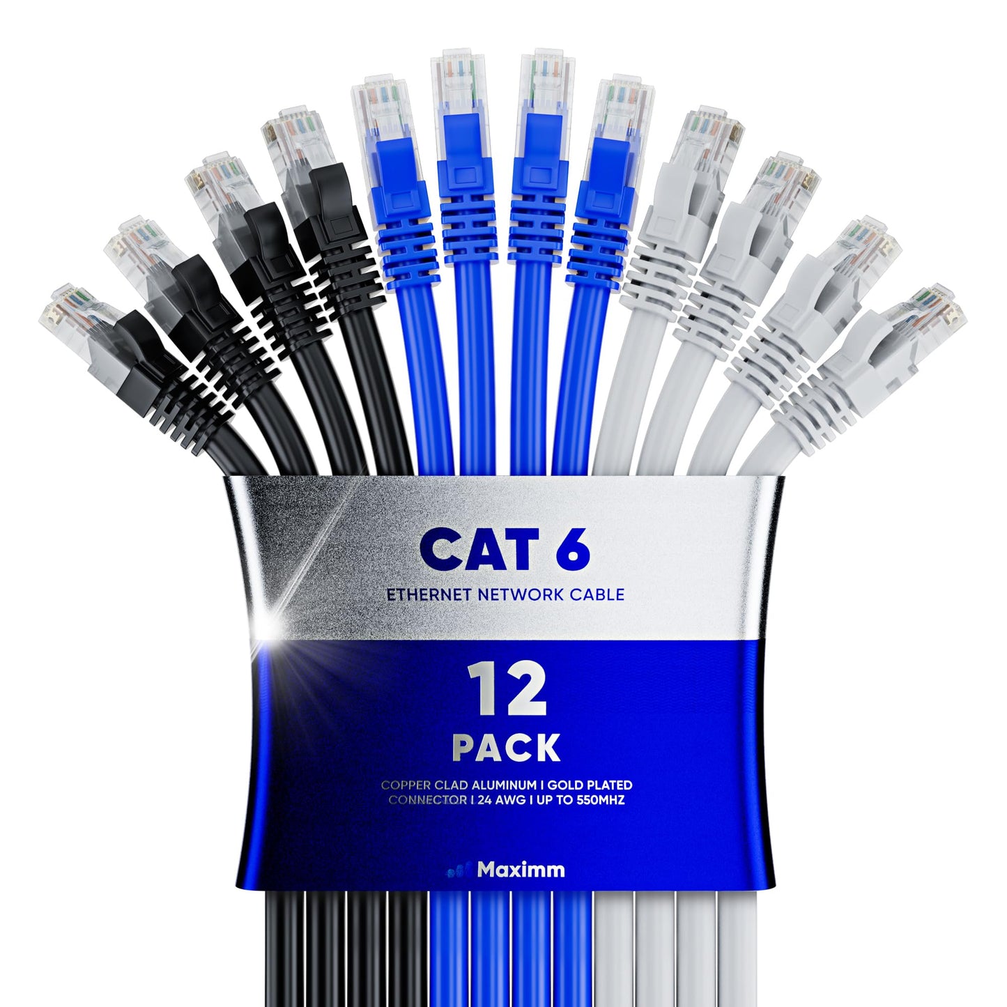 Maximm Cat 6 Ethernet Cable 3 Ft, (12-Pack) Cat6 Cable, Lan Cable, Internet Cable, Patch Cable And Network Cable - Utp (Tricolor