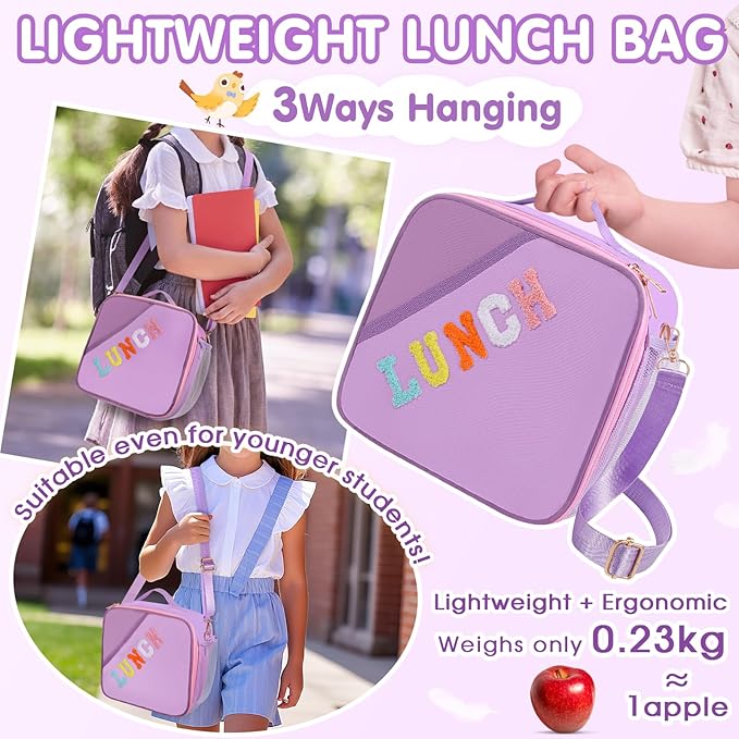 Lunch Bag Kids,Insulated Lunch Bag With Adjustable Shoulder Strap,Reusable Lunch Bag for Kids, Girls,Boys, lunch Bag Women,Preppy Lunch Box for School,Travel, Picnic (purple)