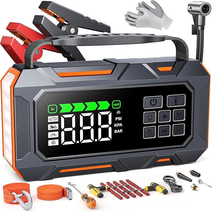 Portable Jump Starter with Air Compressor 8000A 160PSI, 16-in-1 Car Battery Jump Starter with Emergency Kit, Auto-Shutoff ...