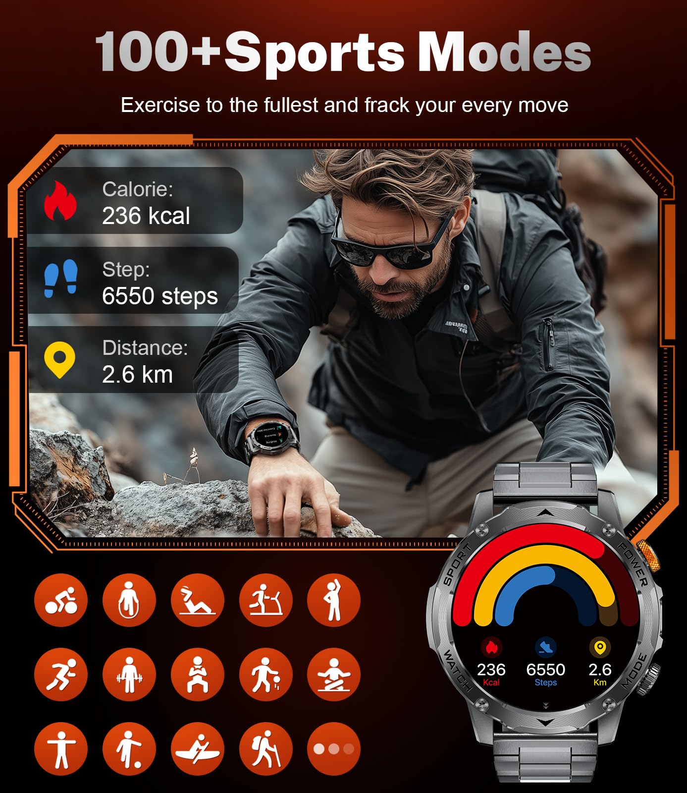 BENYAR SMART Military Smart Watches for Men(3 Bands),1000mAh/1.75" HD Large Screen Smartwatch, Flashlight/110+ Sports Modes/IP68 Waterproof/Sleep Monitor Fitness Tracker Watch for Android IOS,Gunmetal