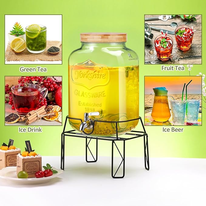 2 Gallon Drink Dispensers with Stand, Glass Beverage Dispenser with Stainless Steel Spigot and Bamboo Lid,Lemonade Dispenser,Glass Drink Dispensers for Parties, Weddings