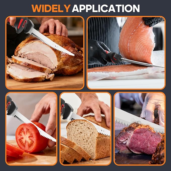 VLOXO Electric Fillet Knife-Cordless Electric Carving Knife with 2 Stainless Steel Blades Safety Lock Non-Slip Grip Rechargeable Electric Knives for Meat Slicing Turkey Bread Fish Includes Storage Case