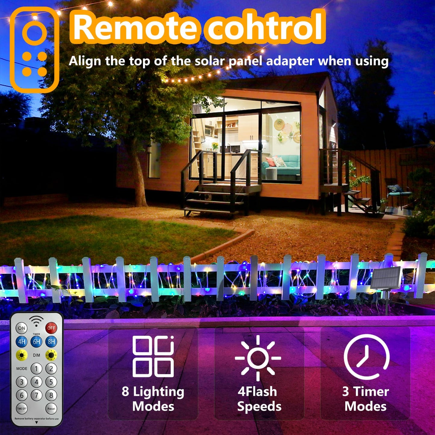 GLPE Solar Rope Lights, 66ft 200 LEDs, Waterproof Multicolor Fairy Lights, 8 Modes, Remote Control for Outdoor Use