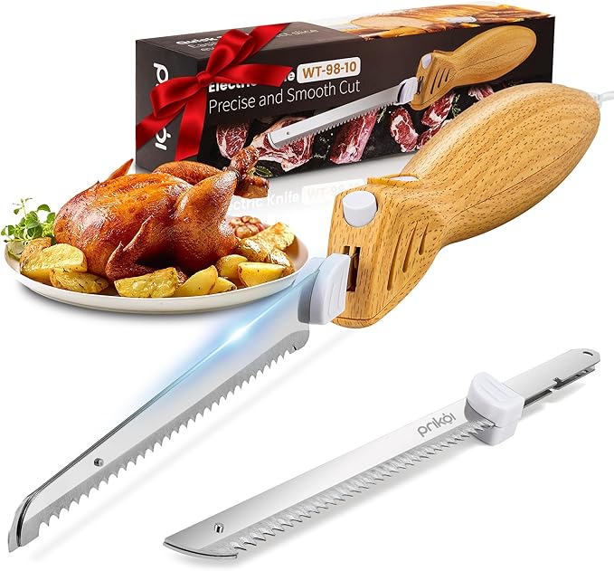 Electric Knife - Carving Knife Set, Easy-Slice Serrated Edge Blades for Meat, Bread, Turkey, Ribs, Fillet, DIY, Ergonomic Handle + 2 Blades for Raw & Cooked Food New Upgrade(Faux Wood)