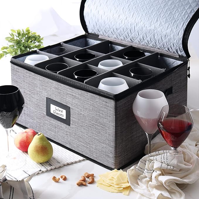 Hearth & Harbor Wine Glass Storage Box with Dividers, Quilted and Stackable Stemware Storage Cases, Service of 12 Glass China Container Hard Shell for Moving and Organization, Grey