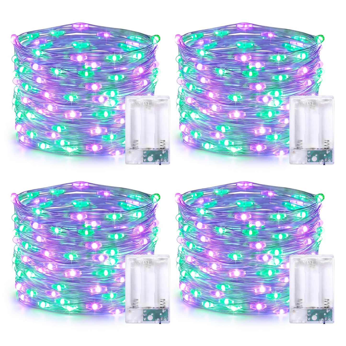 Jmexsuss 4 Pack 50 Led Purple And Green Fairy Lights Battery Operated  16Ft String Fairy Lights For Tree Party Holiday Decor