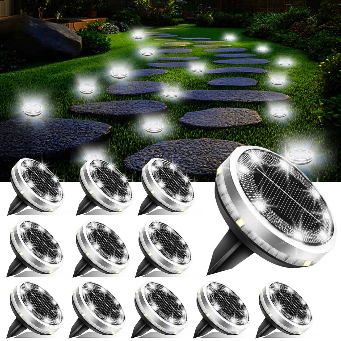 Solar Ground Lights Outdoor 12 Pack Waterproof Upgraded Flat Solar Garden Lights with 4 Side Light Stainless Steel Solar Powered Disc Light for Walkway Pathway Landscape Lawn Yard - Cool White