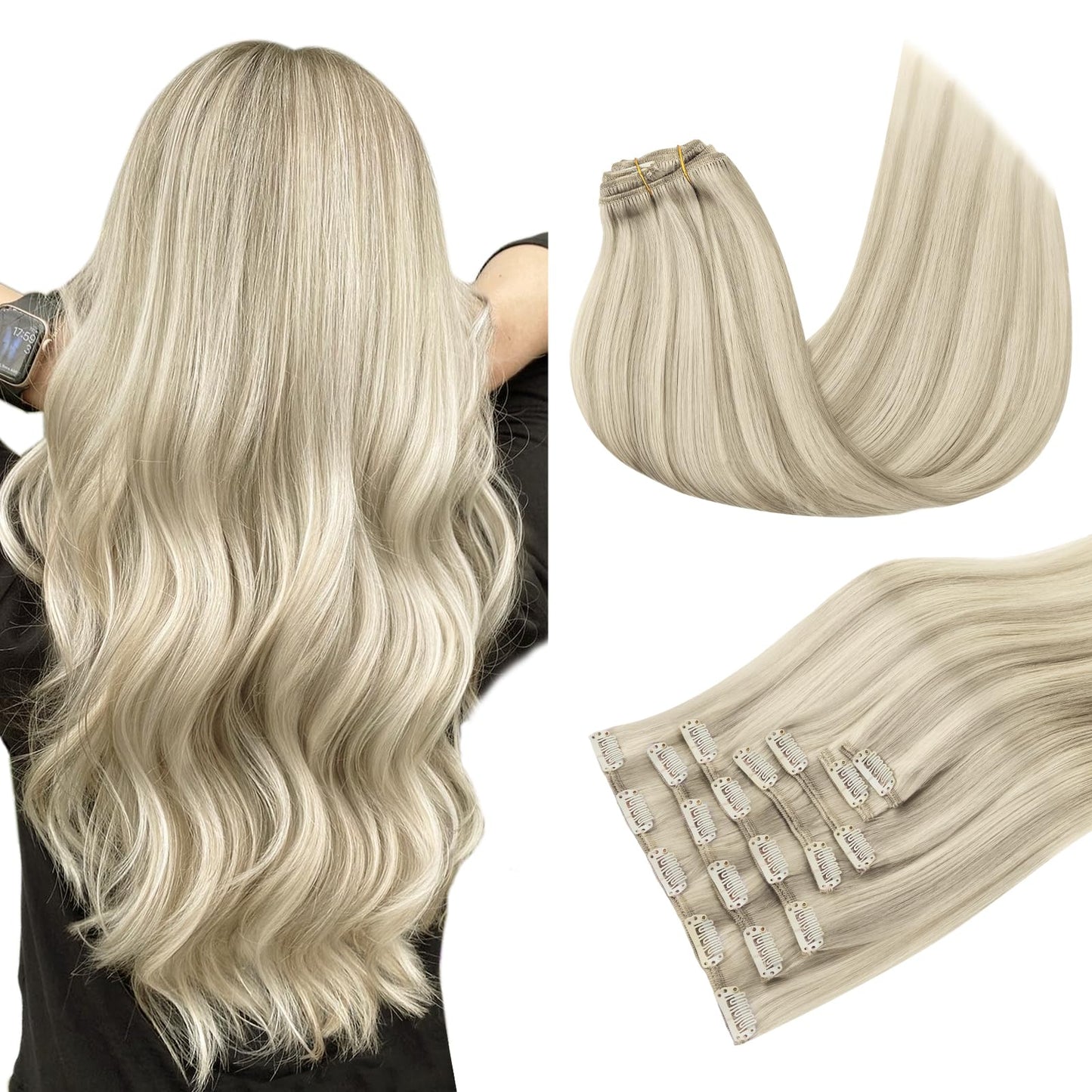 MAXITA Clip in Hair Extensions Real Human Hair, 12 Inch 7 pcs Ash Blonde Highlighted Platinum Blonde 80g, Extensions Clip ins fo