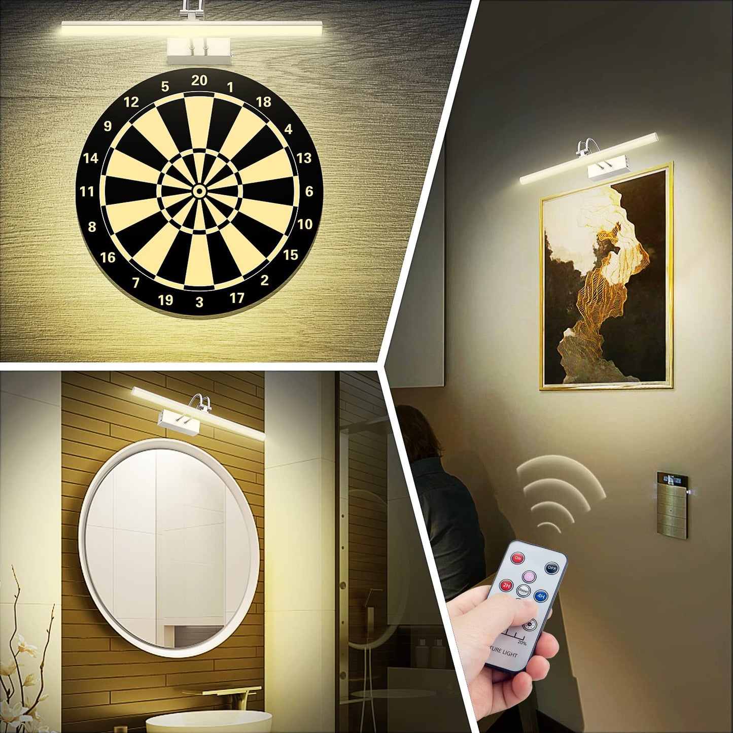 Raifoolly 16In Battery Operated Picture Light, Dimmable Metal Art Light, Remote Control, Nickel Finish, Model Rf00123