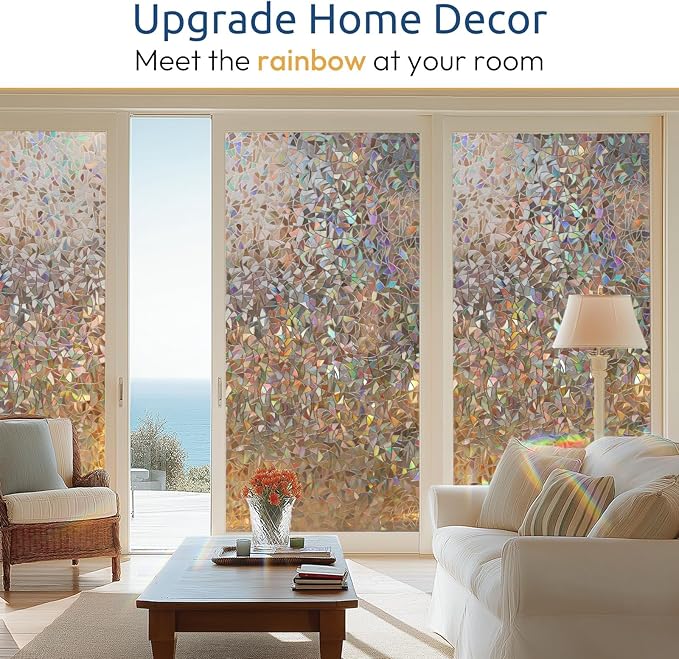 rabbitgoo Window Privacy Film Rainbow Film Decorative Window Sticker, 3D Static Stained Glass Cling Tint for Home Heat Control Non-Adhesive, Brown, 17.5 x 118.1 inches