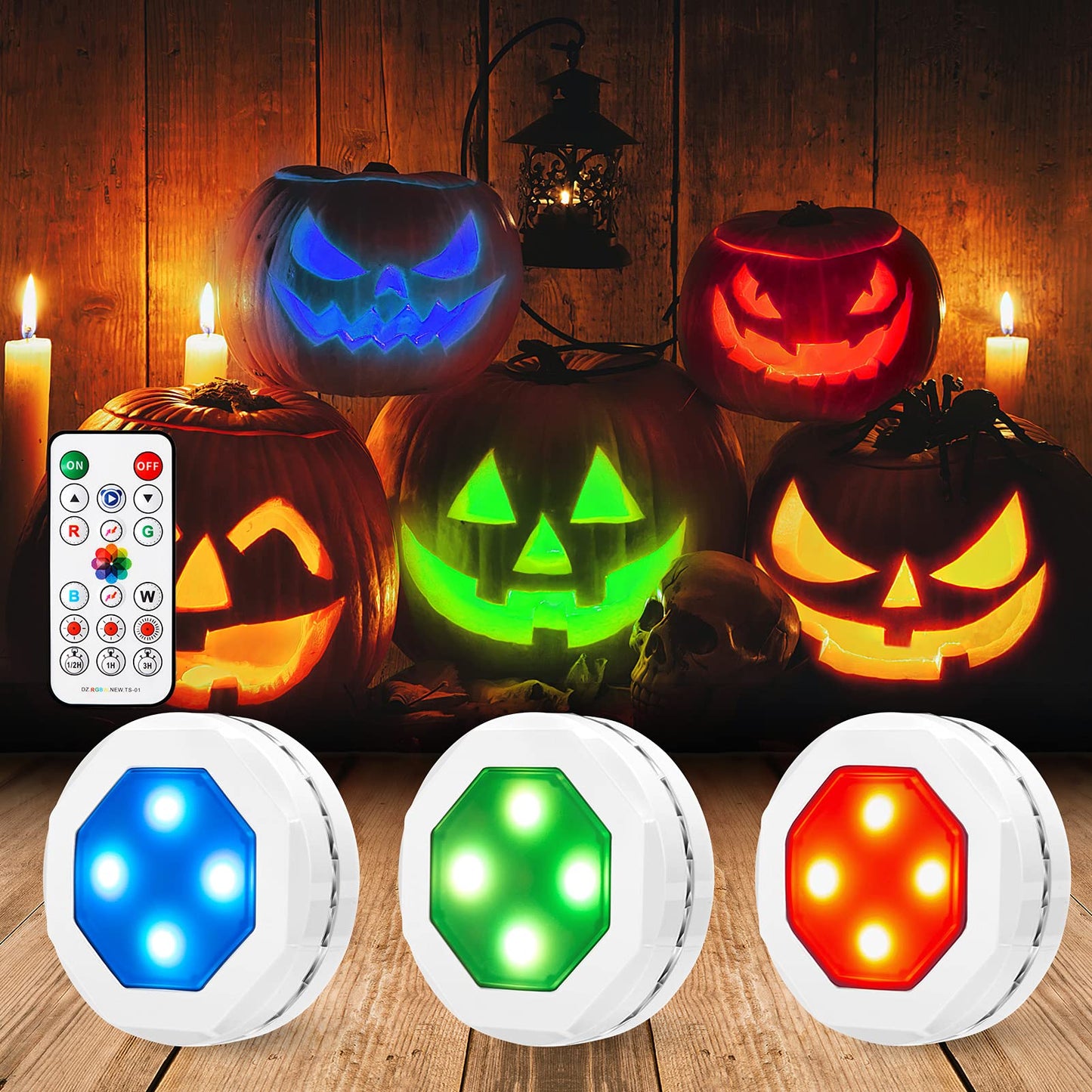 Litake Halloween Jack-O-Lantern Lights, Dimmable RGB Color Changing, 3 Pack, AA Battery Operated, Touch Control, Acrylic Material