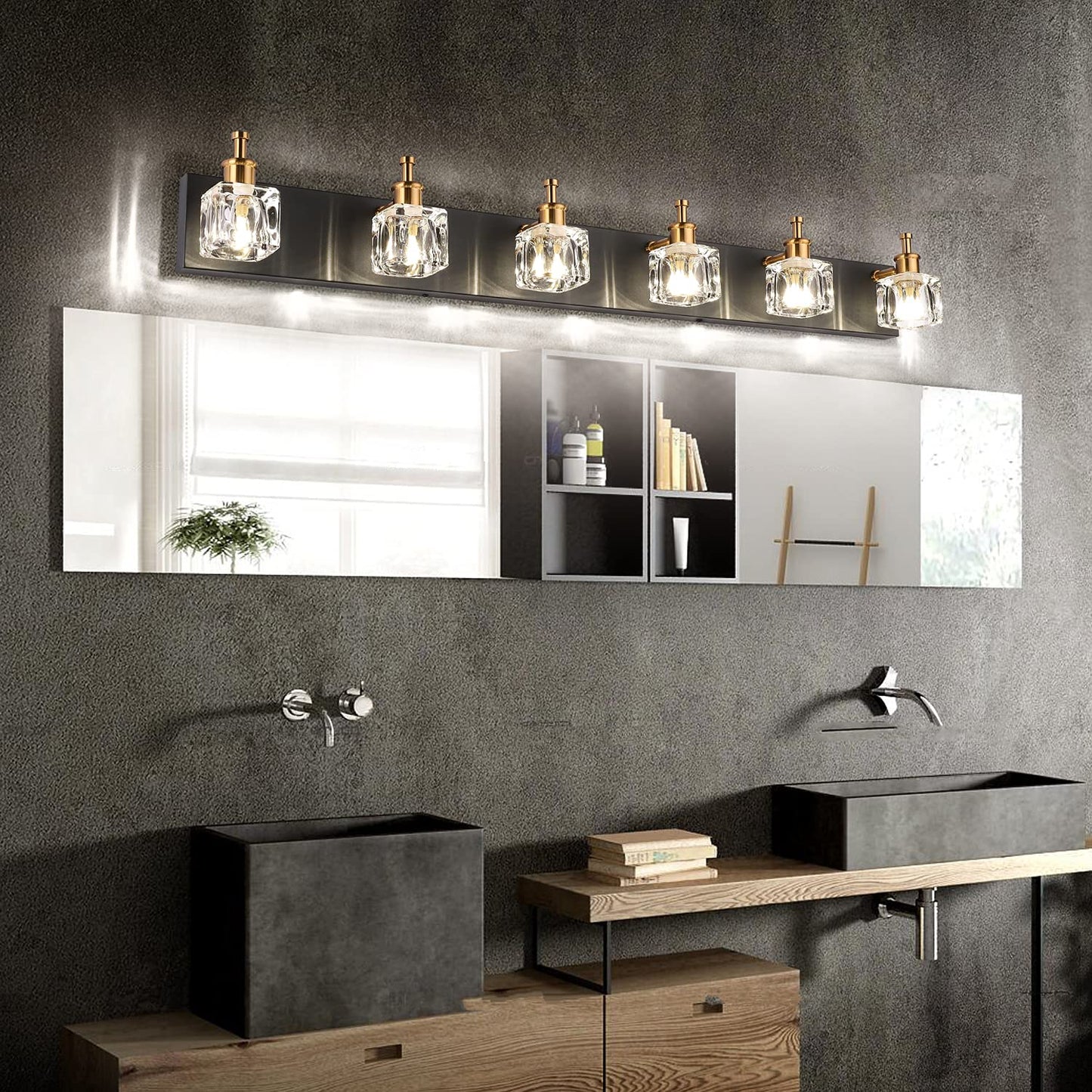 Presde 6-Light Modern Crystal Vanity Lights, Black & Gold, Metal, Model 7770-6T, Bathroom Lighting Fixtures Over Mirror