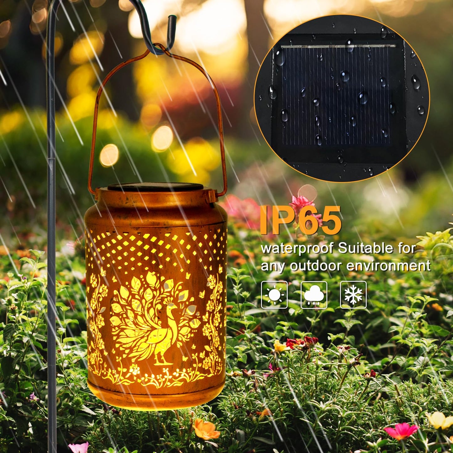 YISITEONE Peacock Solar Lanterns 4 Pack, Waterproof Metal Hanging Lights for Garden, Brown, Model ES04250700009