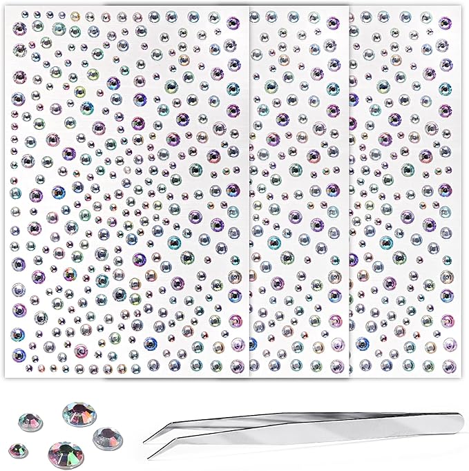 Gem Stickers Jewels for Crafts Rhinestone Stickers Face Gems Pearls for Makeup Stick on Body Dark Color Crystal Clear Decals 3/4/5/6MM Hair Nails Craft DIY Decor 975PCS