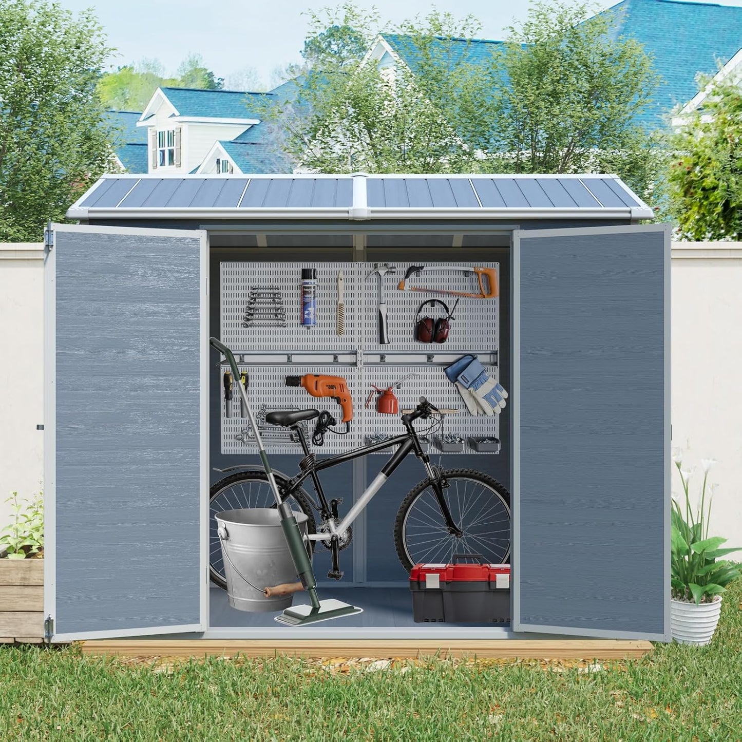 8x4 ft Outdoor Resin Storage Shed with Floor, Waterproof Plastic Garden Shed with Lockable Door and Two Windows, All-Weather Tool Sheds for Backyard, Patio, Lawn (Grey)