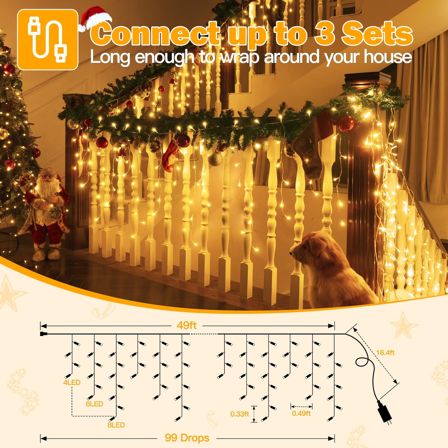 Ollny Icicle Lights Outdoor 594 Led Warm White, Waterproof, 49Ft With Remote, 8 Modes, Model Hg-29V594Bc