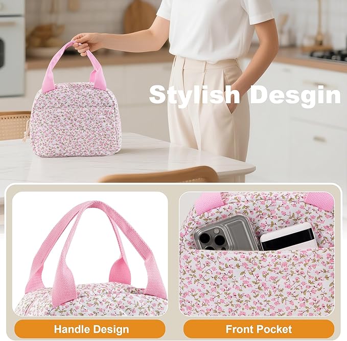 Lunch Bag for Women Insulated Lunch Box Reusable Cooler Bag Portable Cute Floral Quilted Cotton Bag Leakproof Tote Bags for Travel, Work, and Picnic