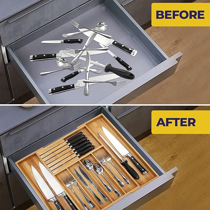 NEW Bamboo Wood Drawer Organizer with Silverware and Knife Block - 12.75-22 x 17 x 2 In (Brown)