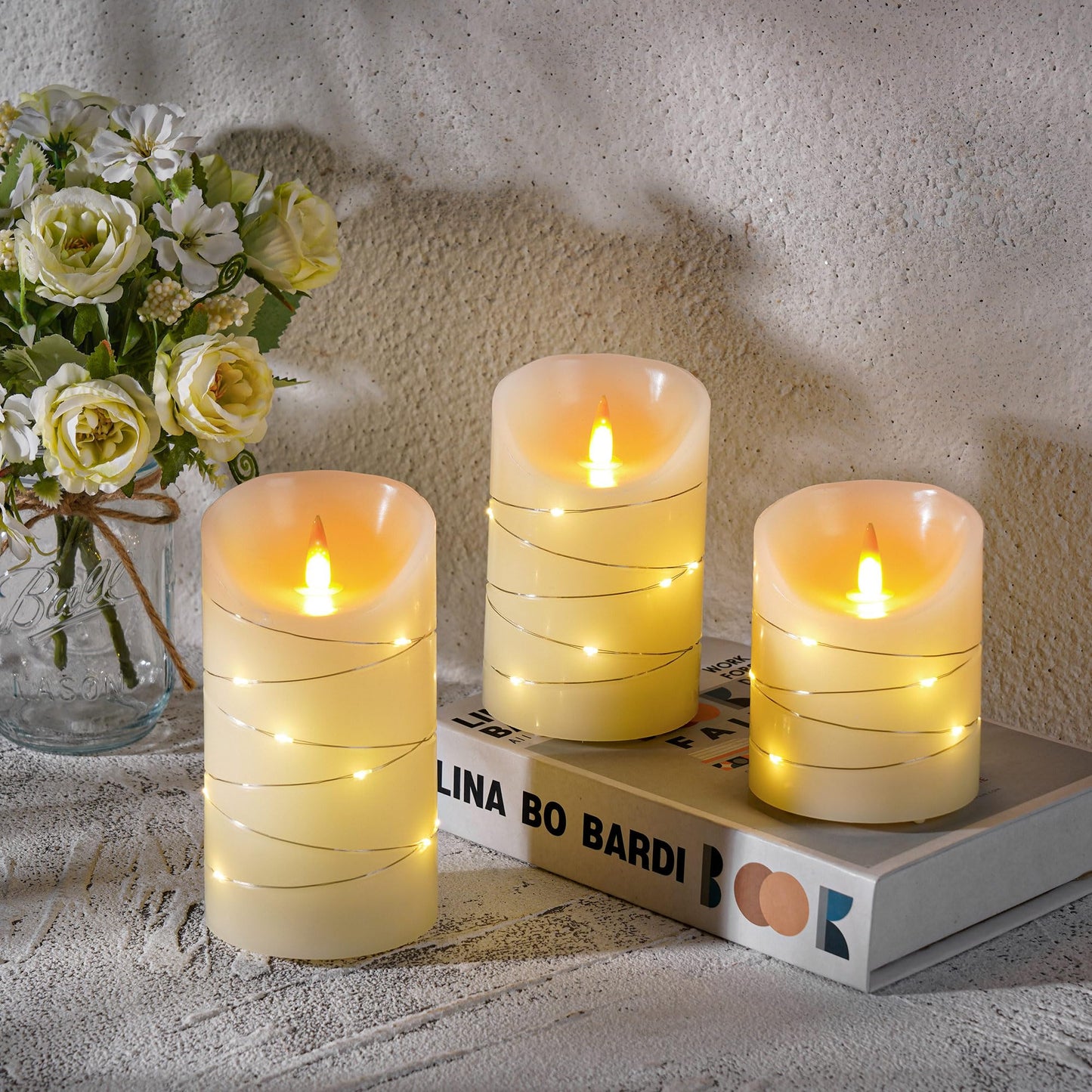 Ivory Rechargeable Flameless LED Candle 3-Piece Set (4/5/6 inches) - Real Wax with String Lights, Includes Remote and Timer, Safe and Realistic Flame, for Christmas/Halloween Home Decoration