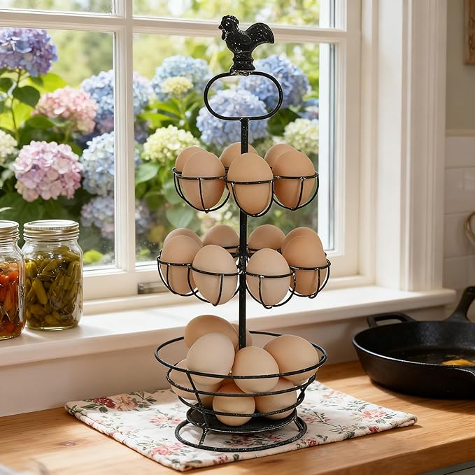 Vintage White Metal Egg Holder with Rooster Top - 2-Tier & Bottom Basket Design, Farmhouse Distressed Decor Egg Storage Rack for Kitchen Countertop Decor (Distressed Black)
