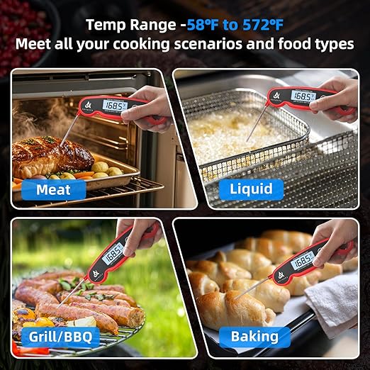 Aurasky Instant-Read Meat Thermometer Digital for Cooking and Grilling, Waterproof Food Thermometer with Backlight, Calibration & Hold Function for Kitchen, BBQ, Deep Fry, Candy, Liquid (Red)