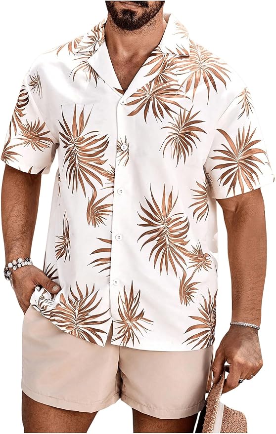 OYOANGLE Men's Hawaiian 2 Piece Outfit Sets Beach Casual Outfits Short Sleeve Button Down Shirt and Shorts Suits
