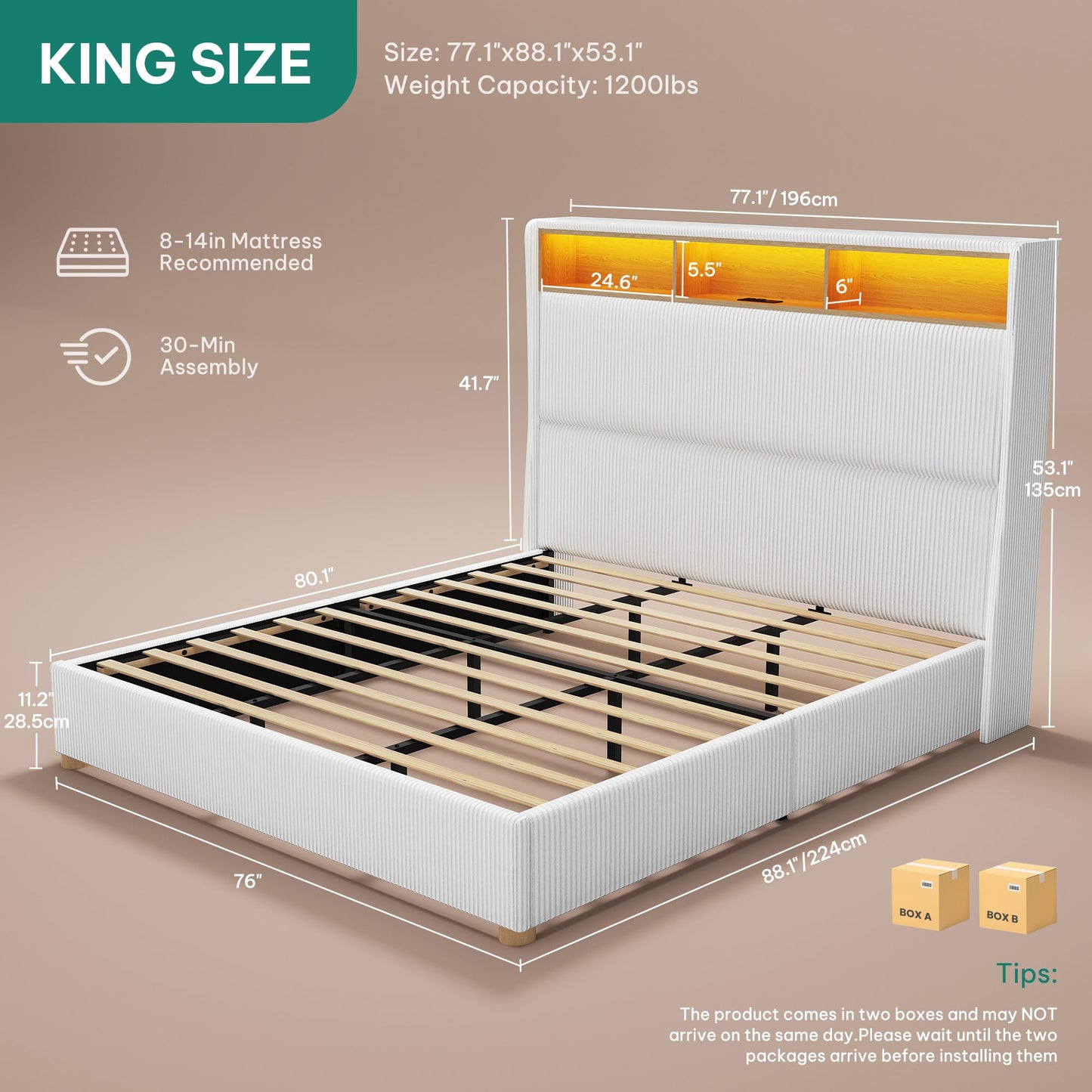DWVO King Size Corduroy Upholstered Platform Bed Frame with Charging Station and RGB LED Lights, 53’’ Tall Storage Wingback Headboard, No Box Spring Needed, Easy Assembly, Noise-Free, White