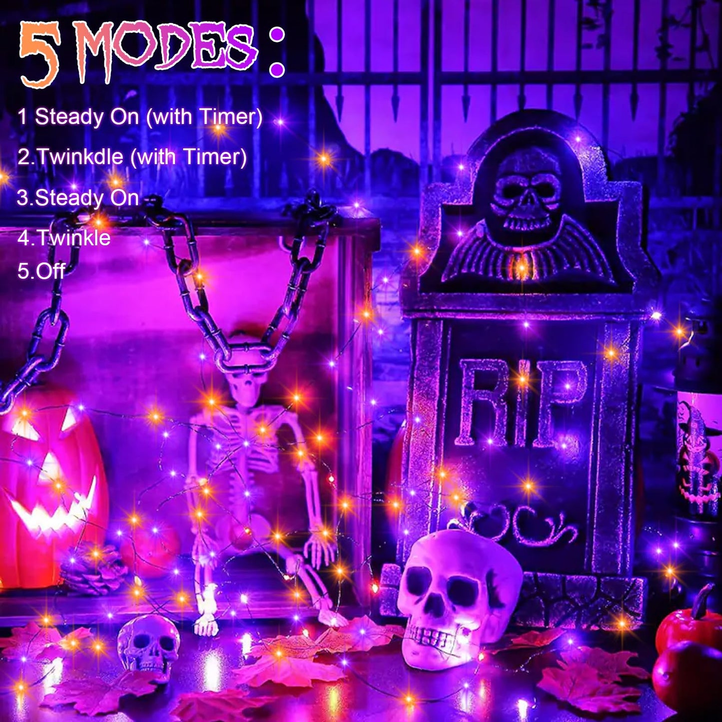 echosari Fairy Lights 50 LED Black Wire Twinkle Lights 4 Pack 16.4Ft Orange Purple with Timer 5 Modes for Halloween Decoration