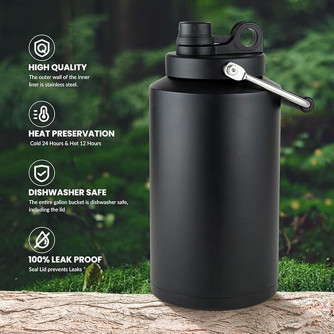 1 Gallon Water Jug Bottle Insulated, 128oz Stainless Steel Water Bottle Jug Wide Mouth Double Vacuum Dishwasher Safe BPA Free for Hot & Cold Drinks Black