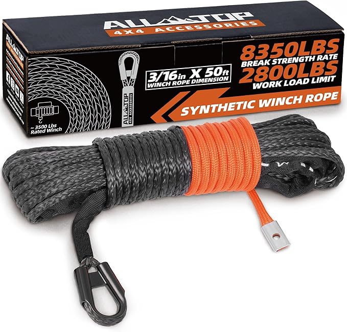ALL-TOP Synthetic Winch Rope Cable, 3/16" x50ft, 8350LBS Winch Replace Line with Protective Sleeve for Offroad Vehicle ATV...