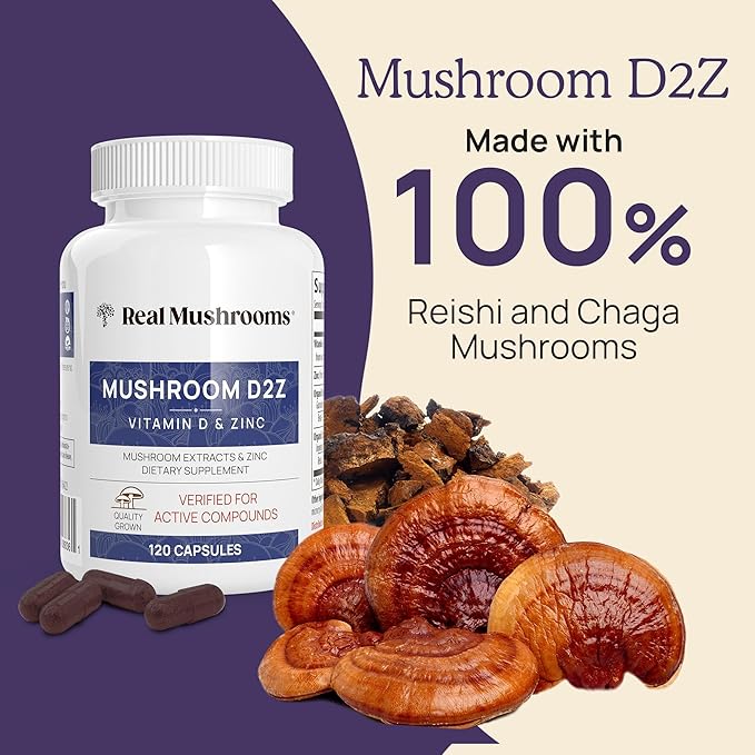 Real Mushrooms Vitamin D2, Zinc (120ct) and Reishi 415 (90ct) Bundle with Chaga - Natural Support for Immunity, Better Sleep, and Relaxation - Vegan, Gluten Free, Non-GMO, Organic Mushroom Extracts