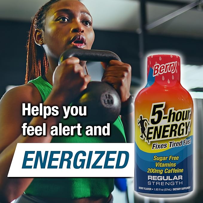 5-hour ENERGY Regular Strength Energy Shot, Berry Flavor (1.93 oz., 24 Count) Zero Calories & Sugar-Free 200 mg Caffeinated Shot, Amino Acids & B Vitamins, Dietary Supplements
