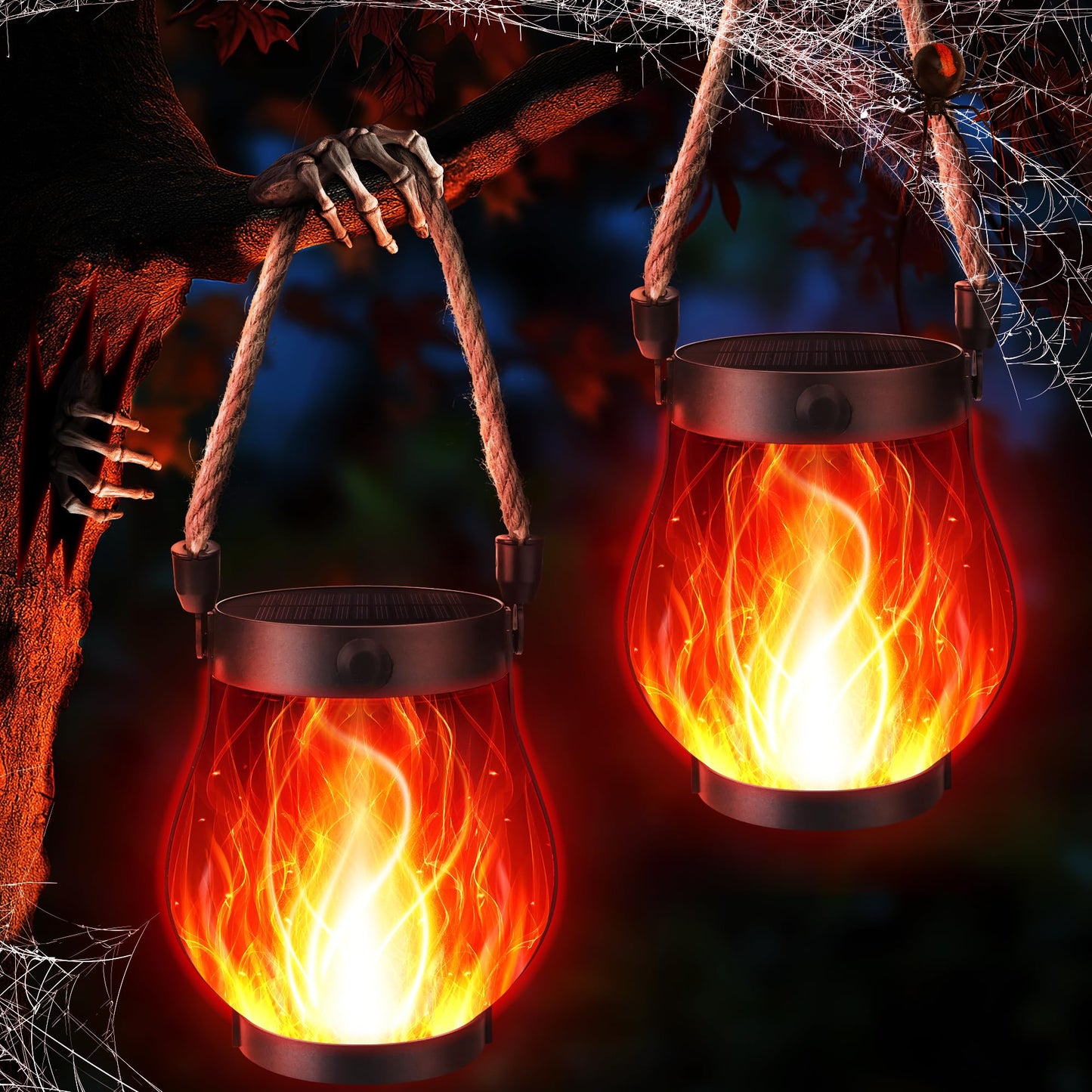 Ibaycon 2 Pack Solar Lanterns Lights  Halloween Flickering Flame Garden Lights With 2 Modes Dual Charging Usb & Solar  Outdoor Waterproof Hanging Lantern For Party Holiday Halloween Decor (Red)
