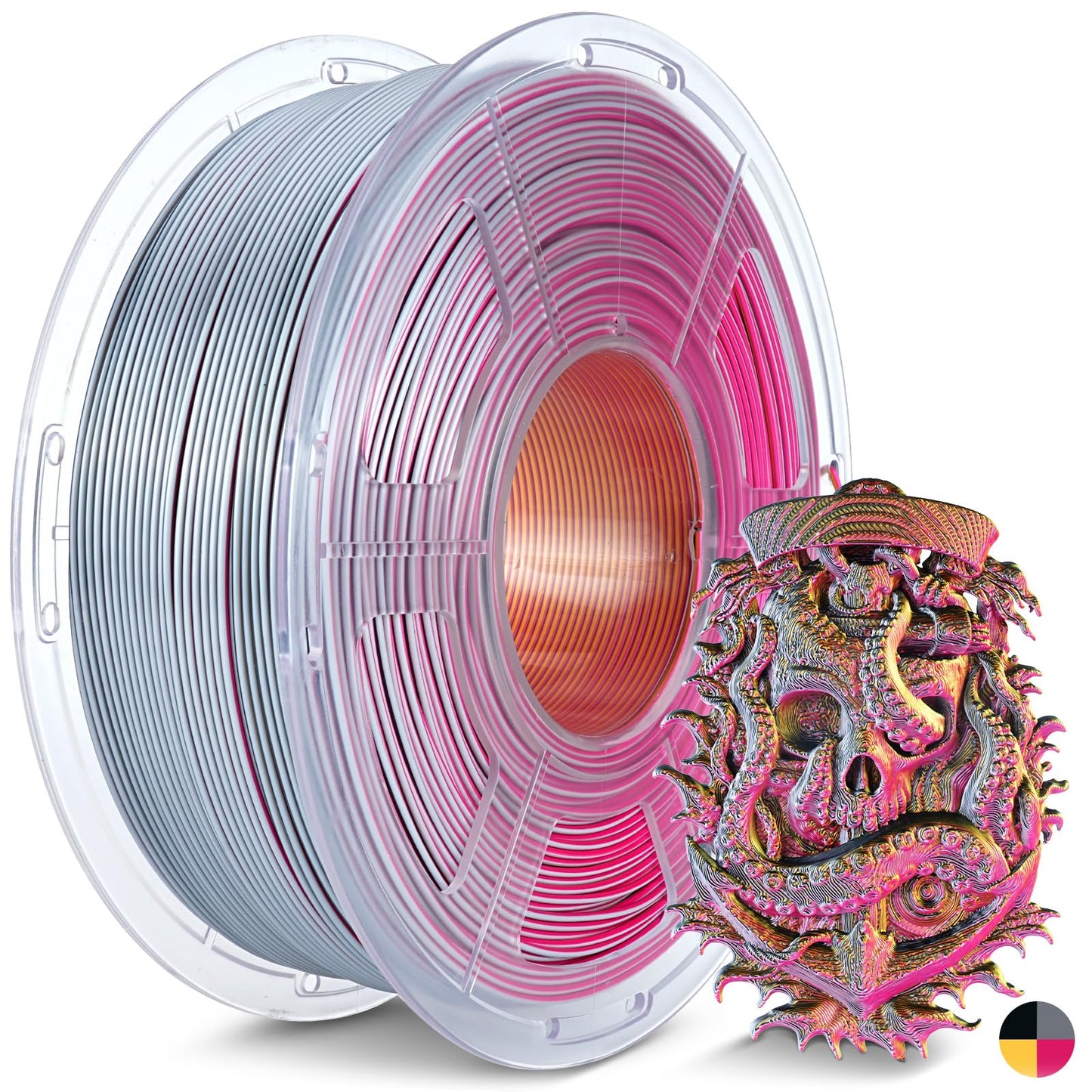 JAYO Silk Quad-Color PLA Filament 1.75mm Black-Red-Yellow-Grey 1.1kg, Four-Color Gradient PLA, High Gloss Shine, Smooth Layer Co